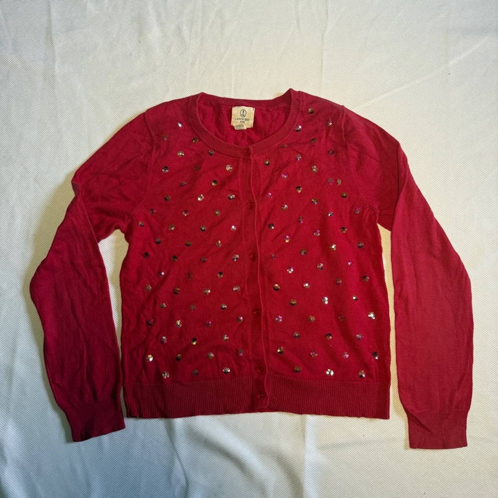 Lands’ End Kids Red Sequin Button-Up Cardigan – Size M (10–12)